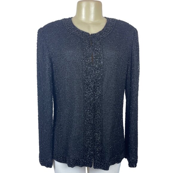 Vintage Lawrence Kayan Women's Black Silk Beaded Blazer Sweater Sz- L - Picture 1 of 6